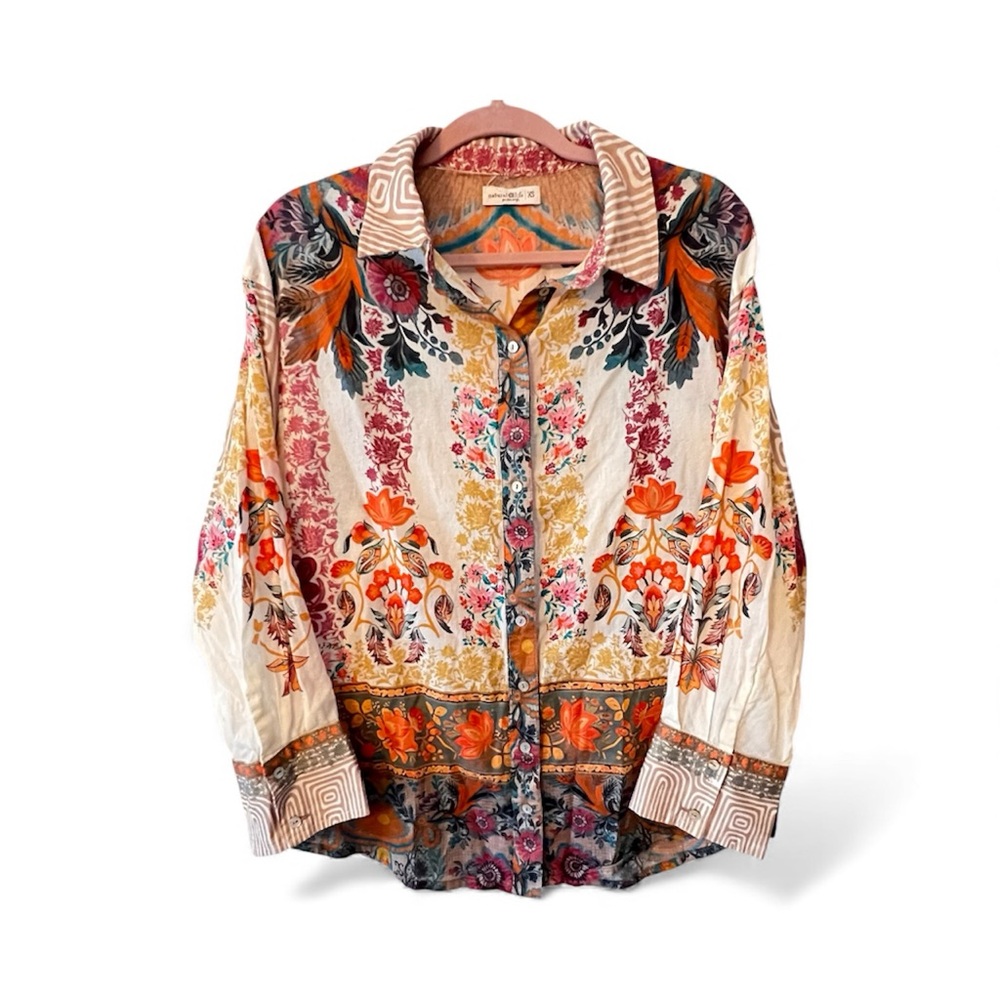 NATURAL LIFE Cotton Blouse Bohemian Tunic Length Button Front Sz XS